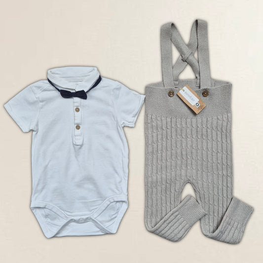 Body med fluga och hängselbyxor. Strl 80